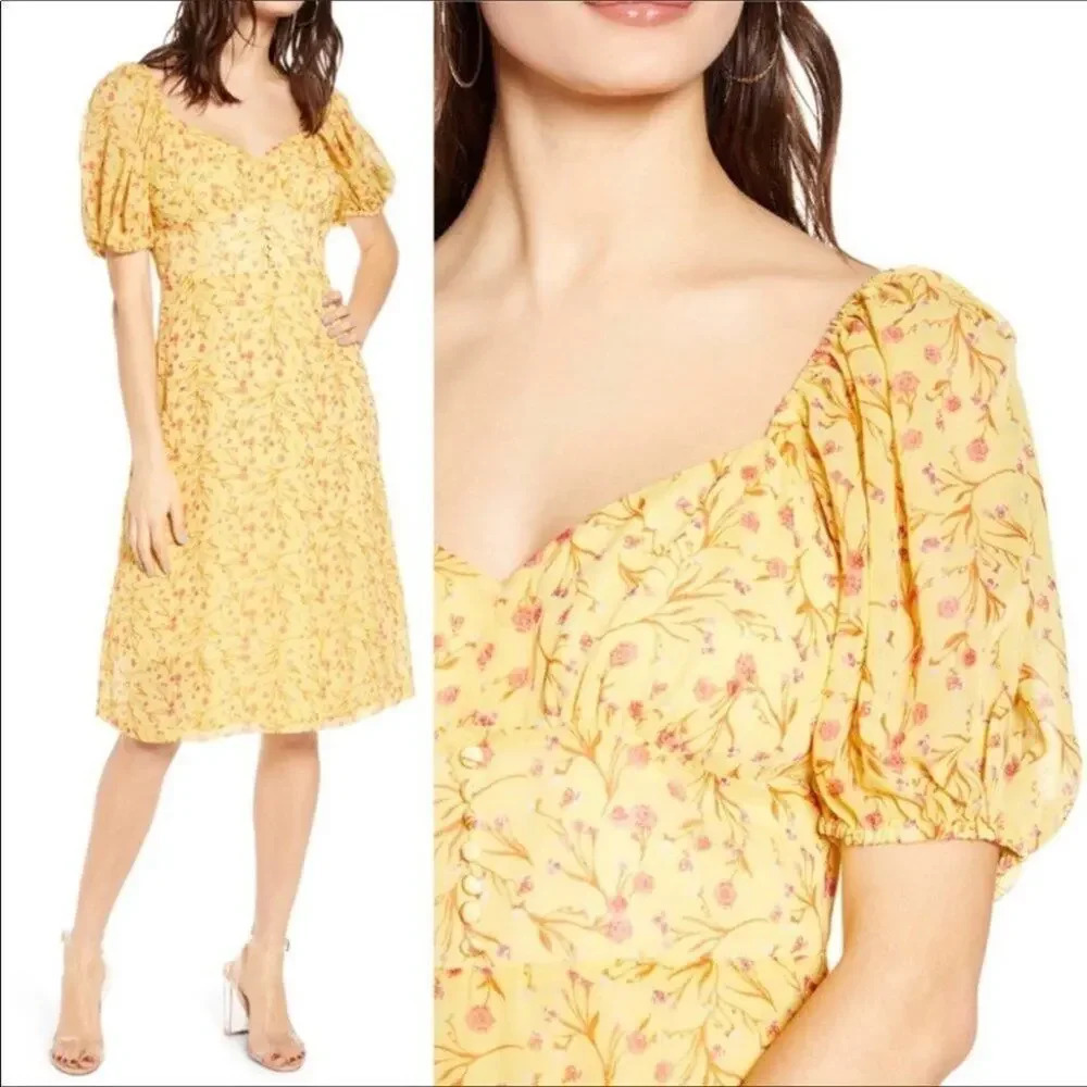 J.O.A. Puff Sleeve Bustier A-Line Dress Floral M